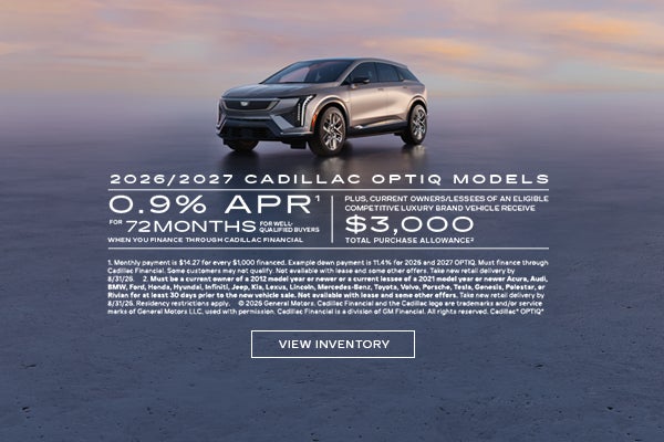 2026 and 2027 Cadillac OPTIQ 0.9% APR for 72 months. Plus $3,000 purchase allowance.